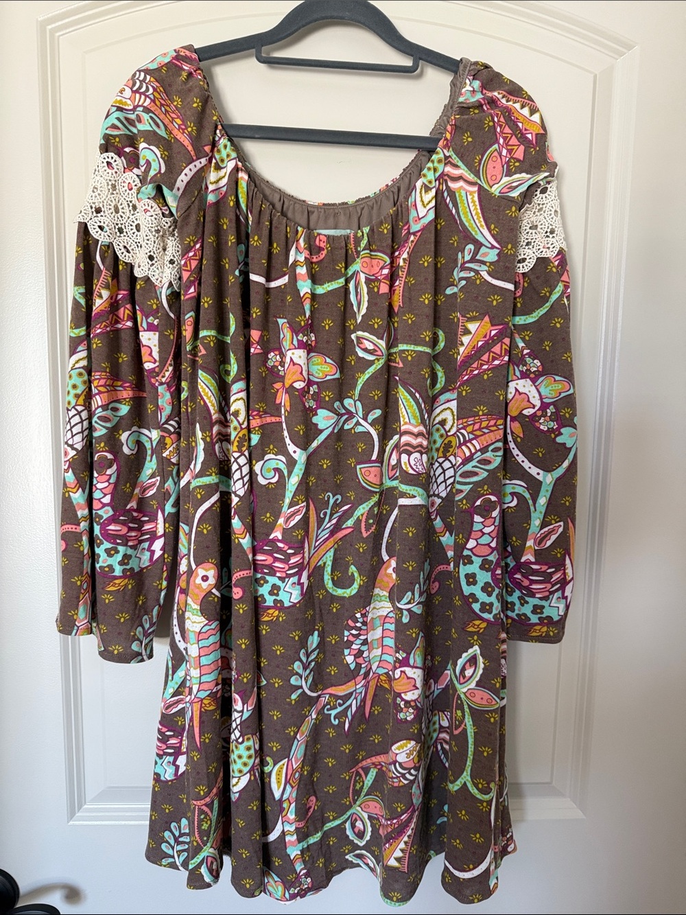 Judith March Brown Boho Folk Art Bird Print Bell Sleeve Dress w/Crochet Accents